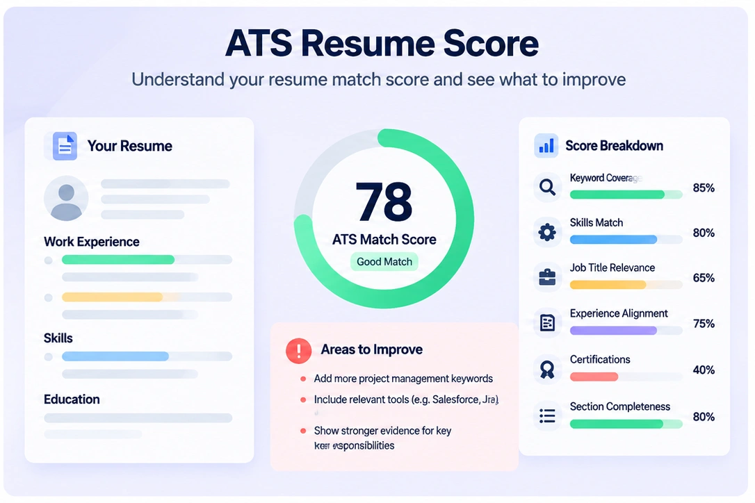 ATS resume score showing keyword coverage, skills match and areas to improve