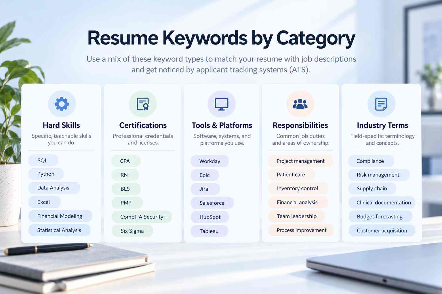 Types of resume keywords including skills, certifications, tools and job responsibilities